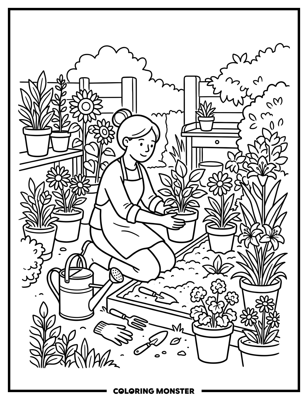 Woman Tending Garden Coloring Page