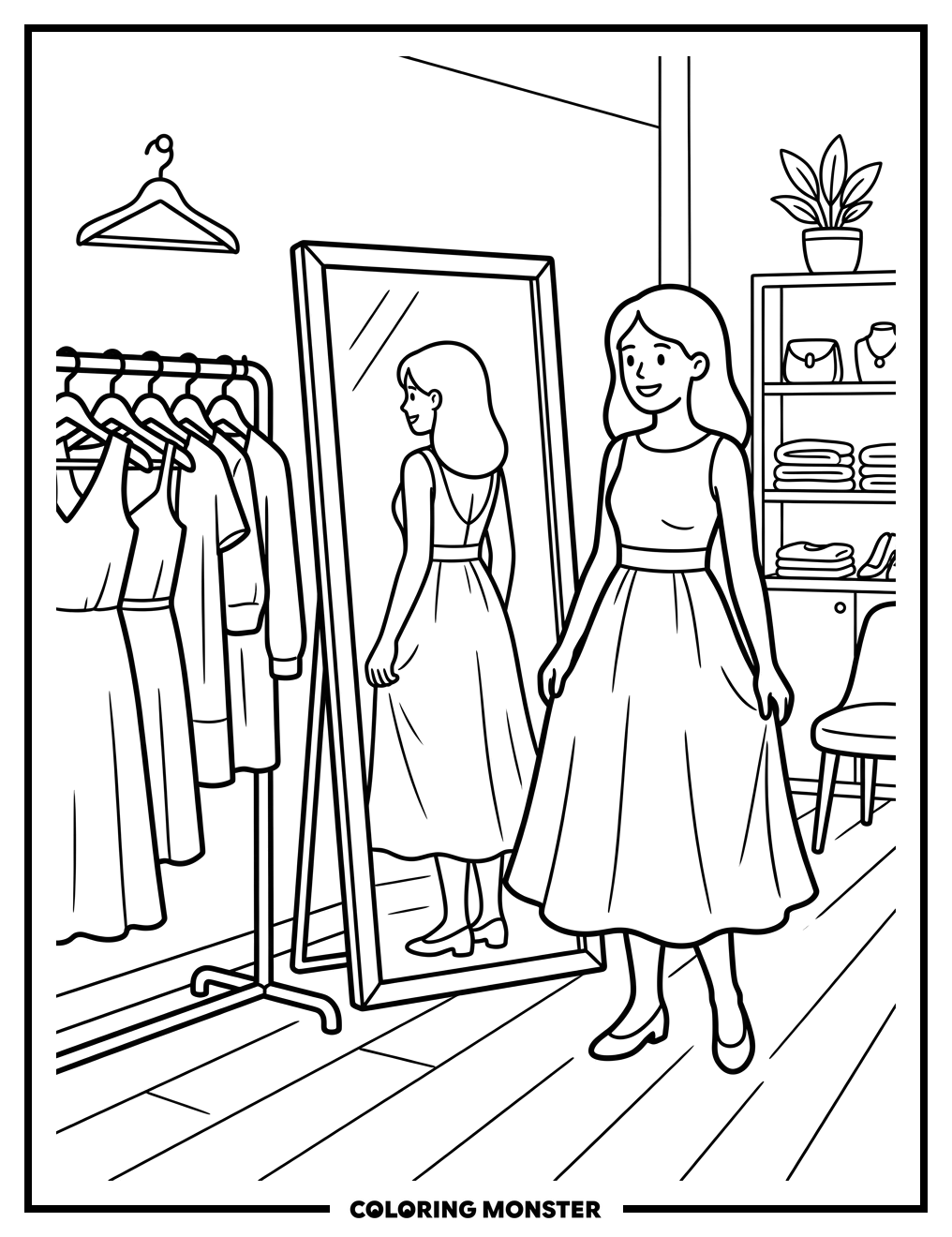 Woman Tries On Elegant Dress Coloring Page