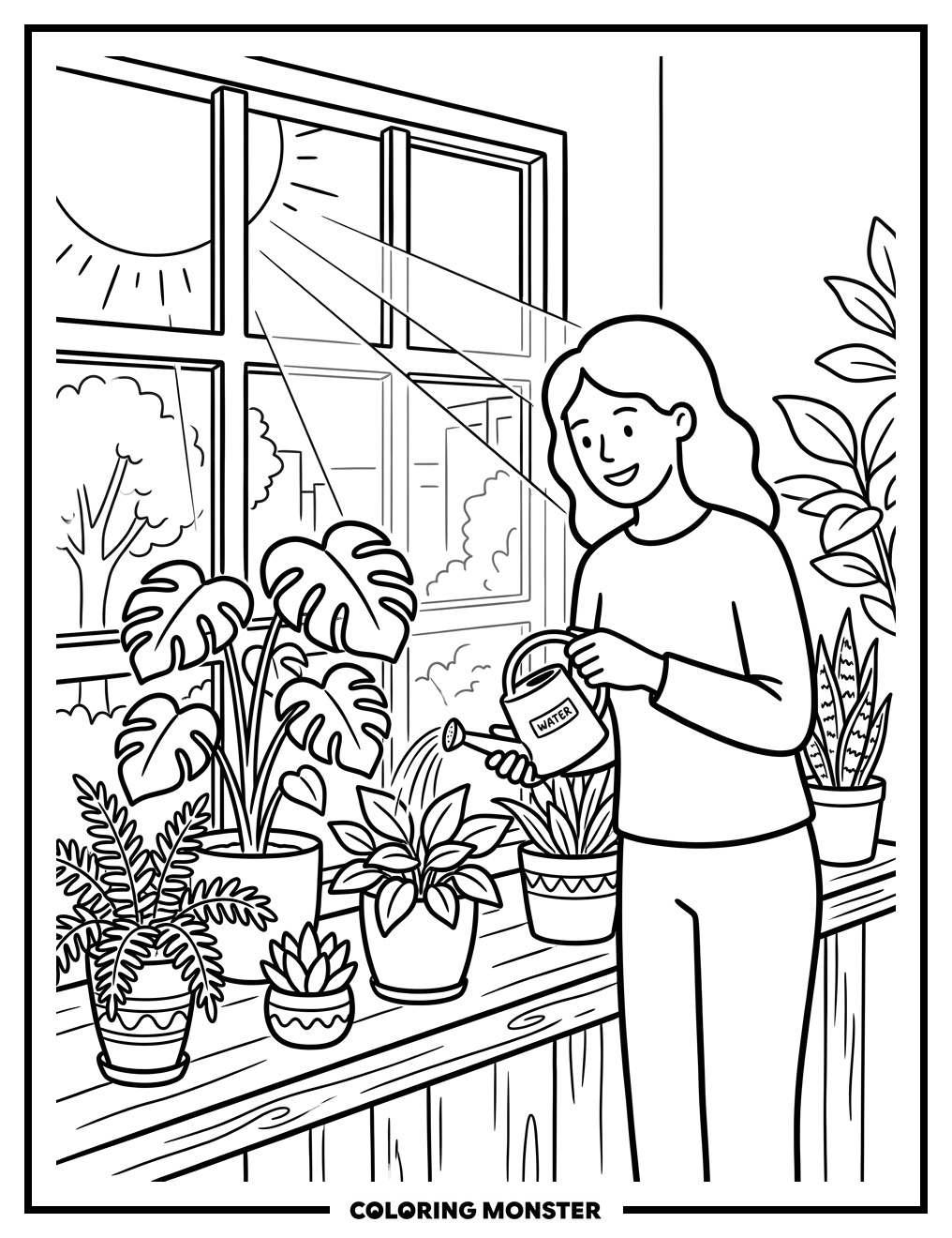 Woman Watering Houseplants Coloring Page
