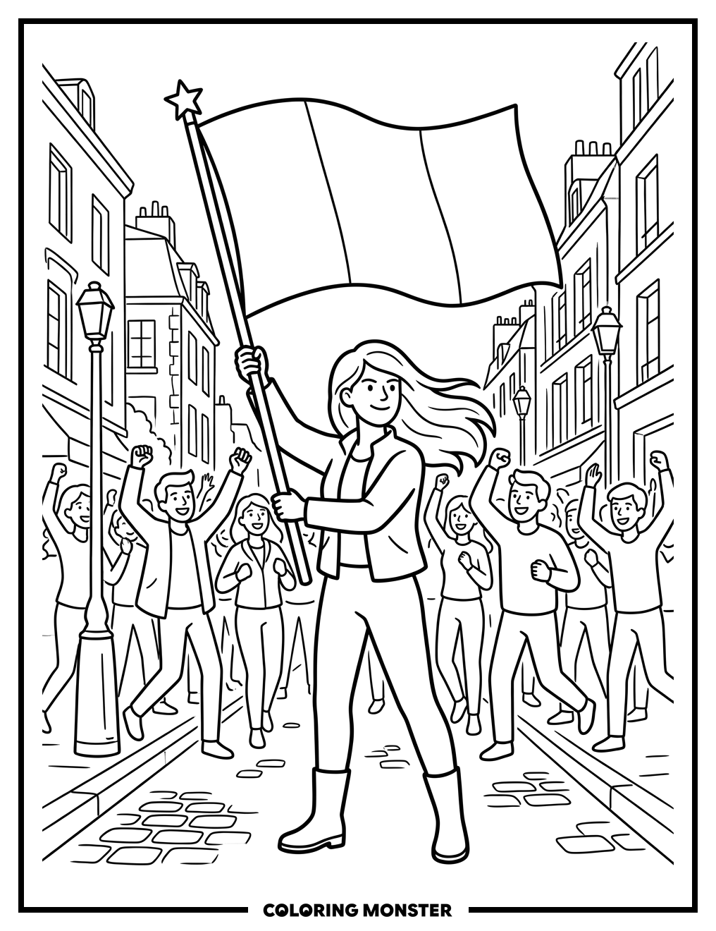 Woman Waving French Flag Coloring Page