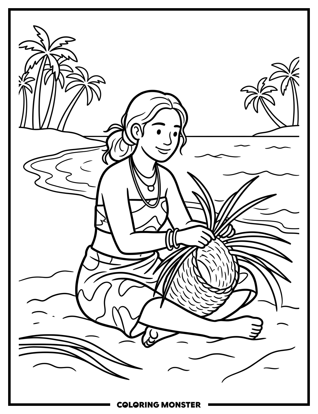 Woman Weaving Basket on Beach Coloring Page