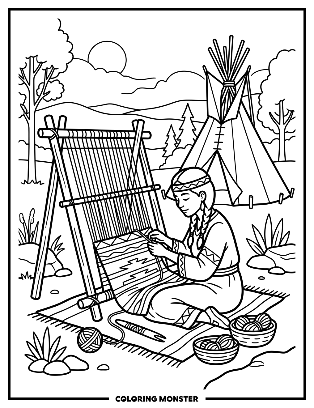 Woman Weaving Blanket Outdoors Coloring Page