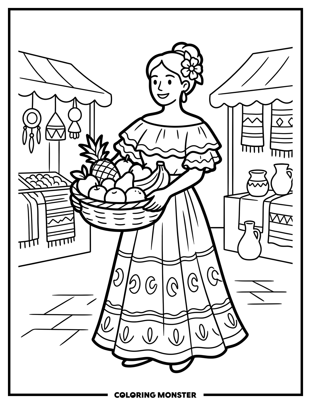 Woman With Fruit Basket Coloring Page