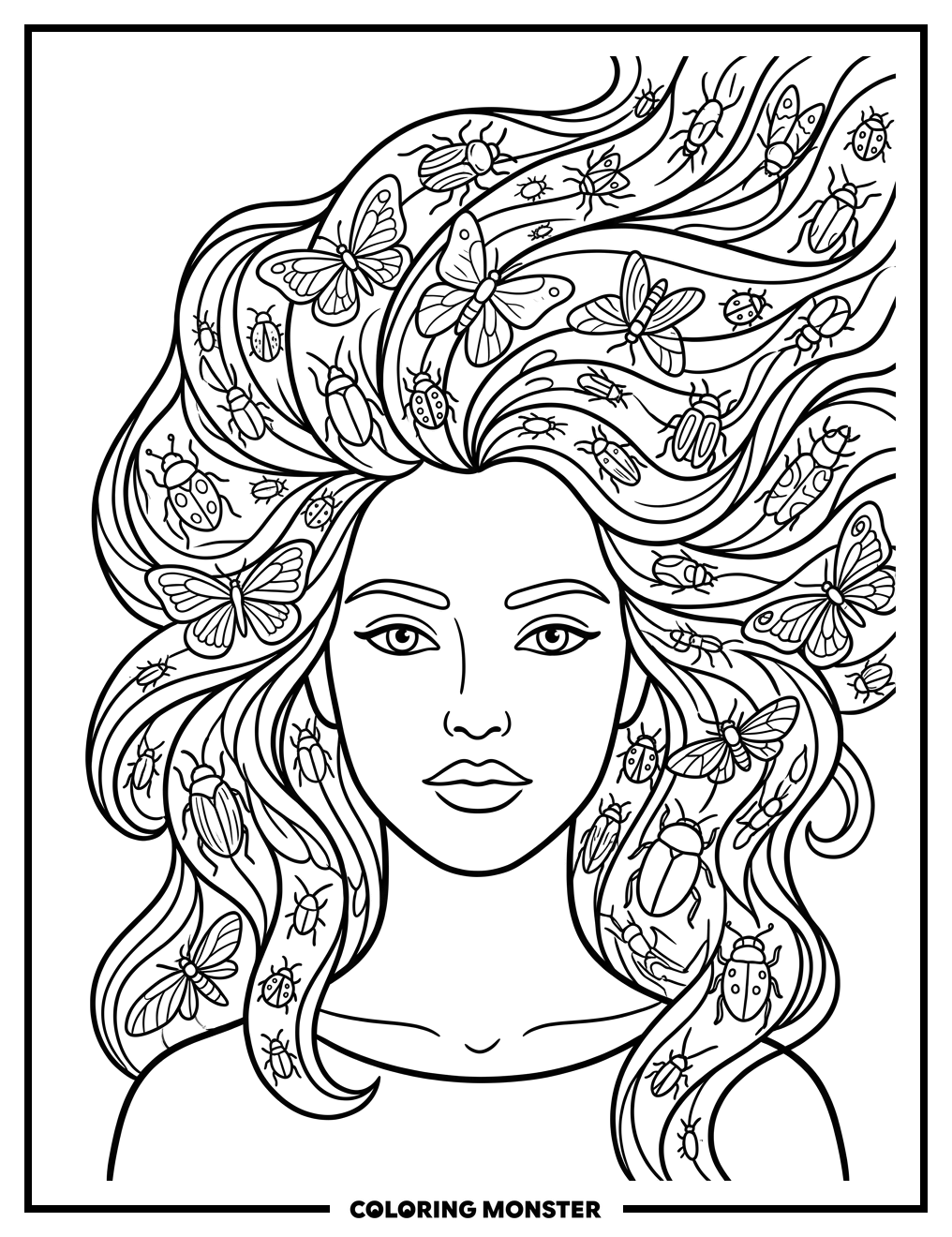 Woman With Insect Hair Coloring Page