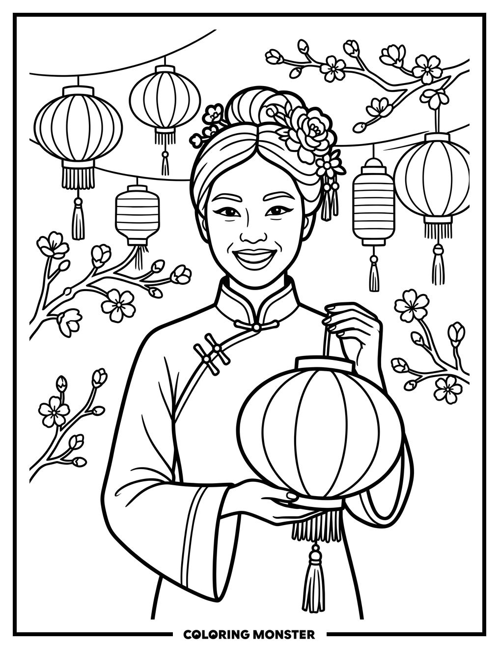 Woman With Red Lantern And Cherry Blossoms Coloring Page