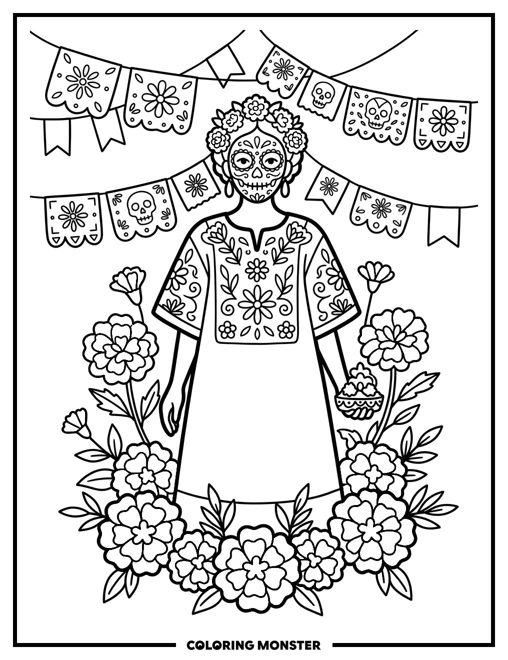Woman With Sugar Skull Face Coloring Page