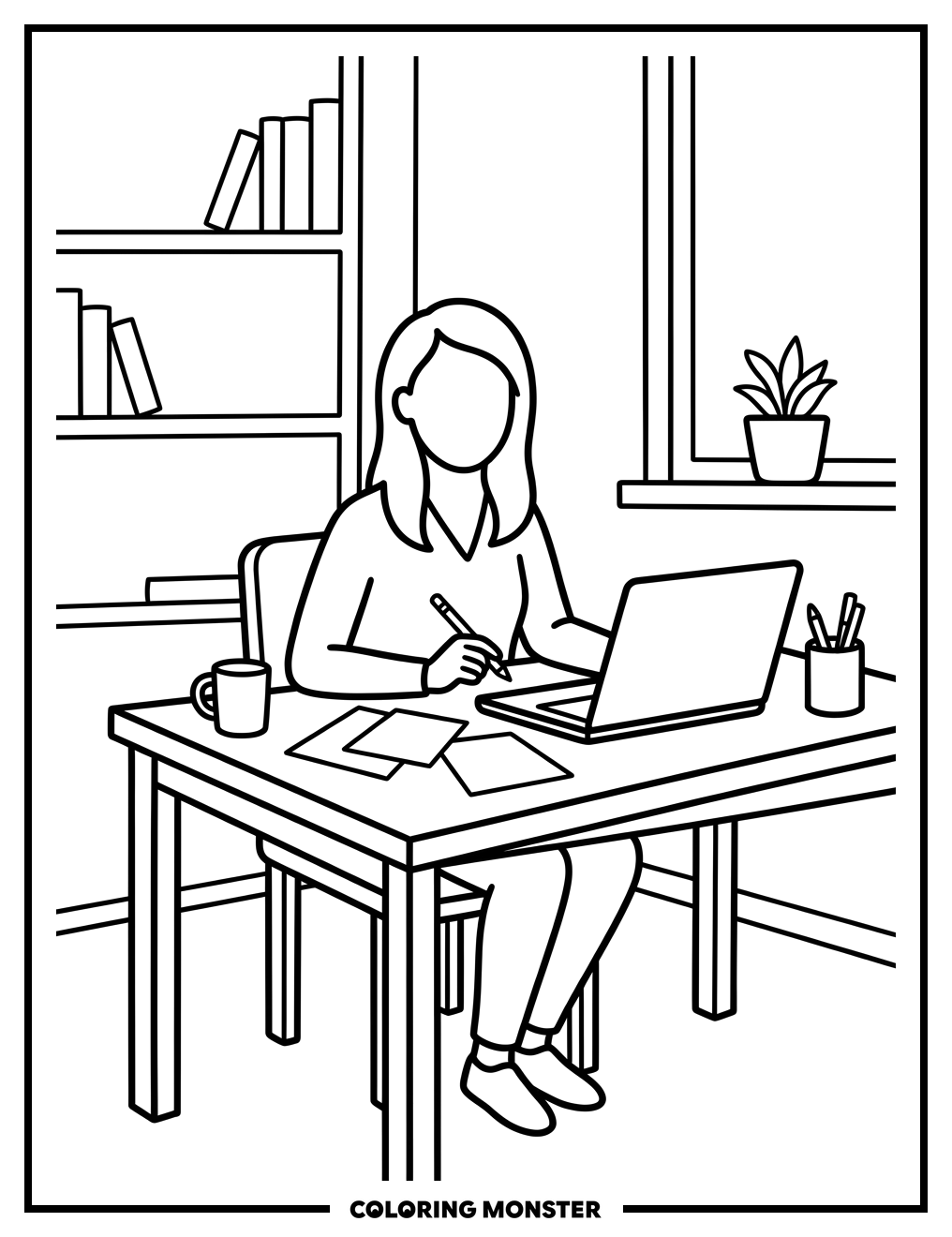 Woman Working at Home Desk Coloring Page