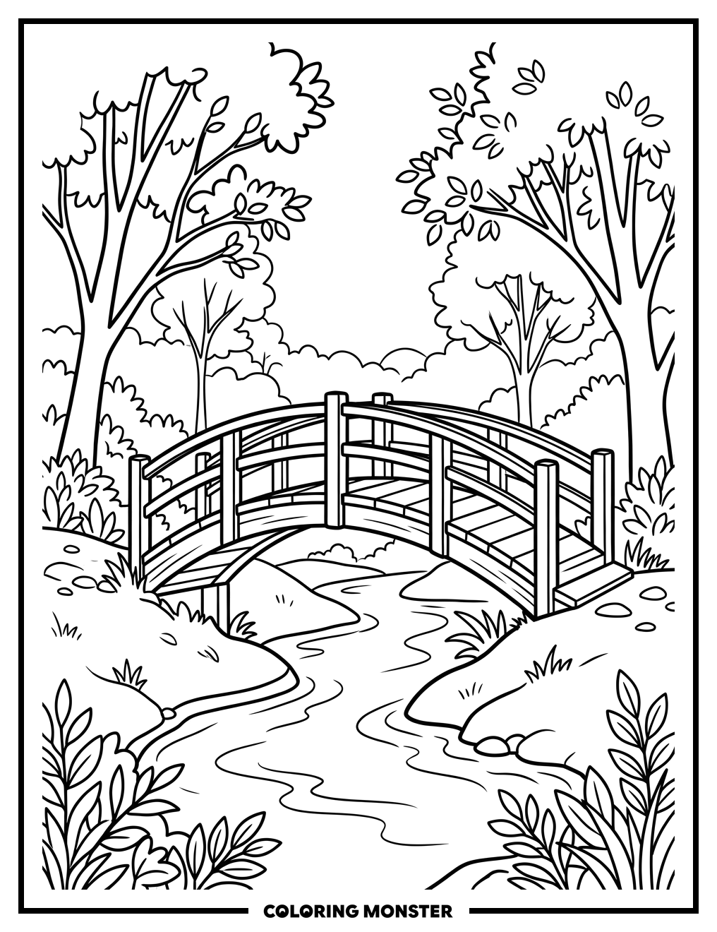 Wooden Bridge Over Creek Coloring Page
