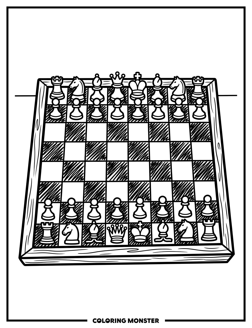 Wooden Chessboard With Pieces Coloring Page