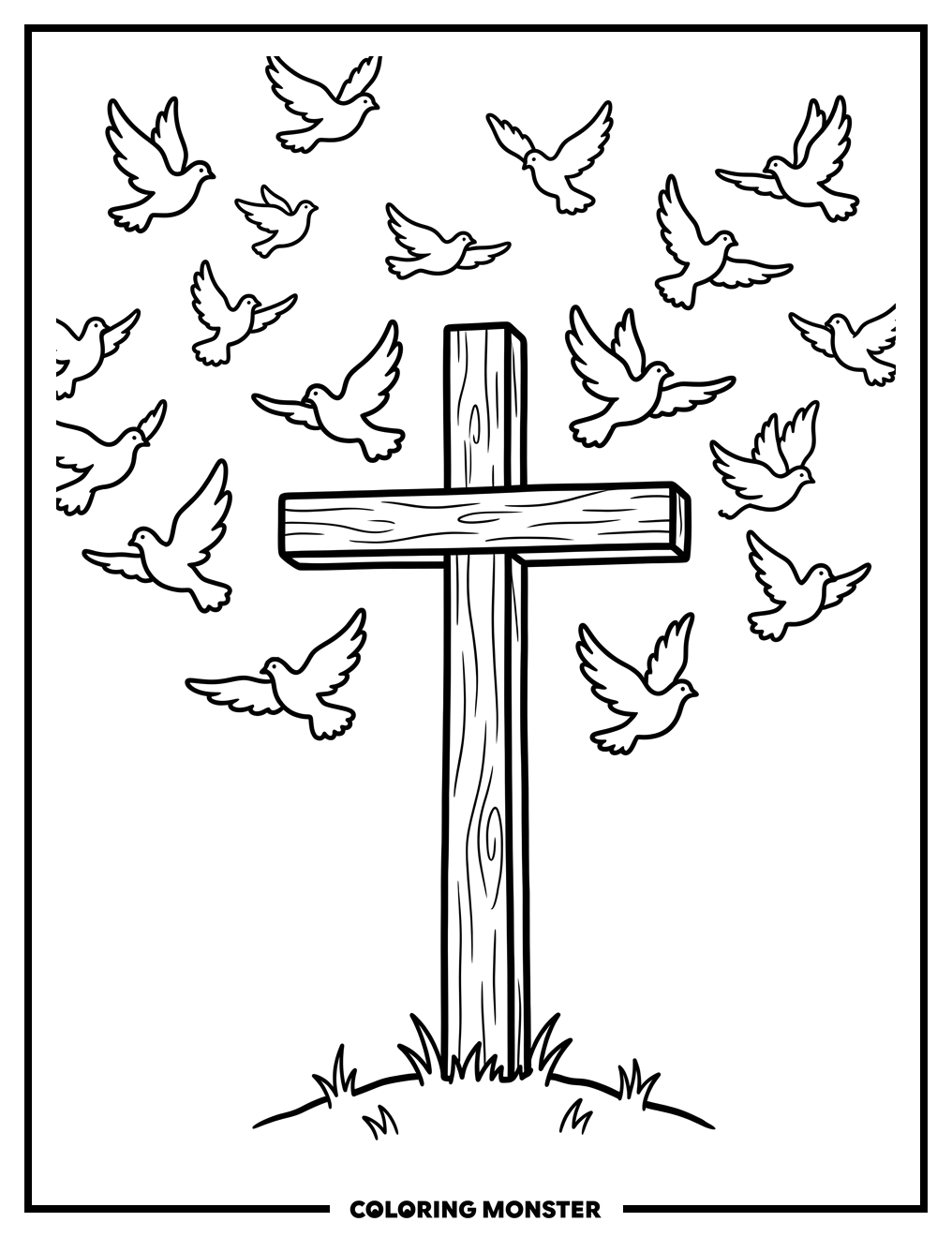 Wooden Cross and Doves Coloring Page