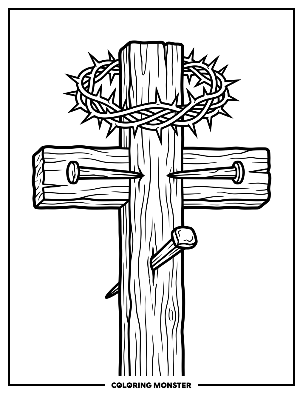 Wooden Cross with Crown of Thorns Coloring Page