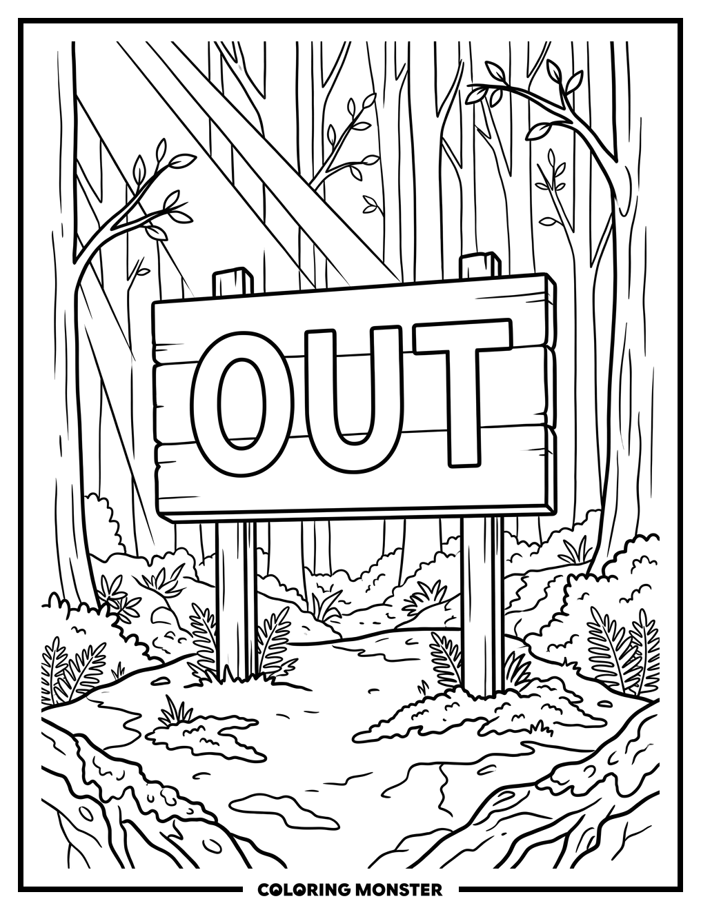 Wooden 'OUT' Sign in Forest Coloring Page