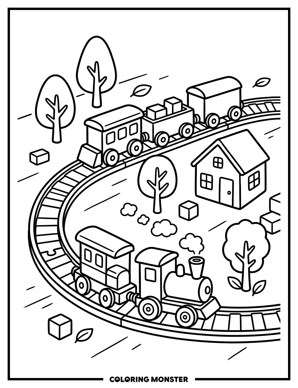 Wooden Train Set on Playroom Floor Coloring Page