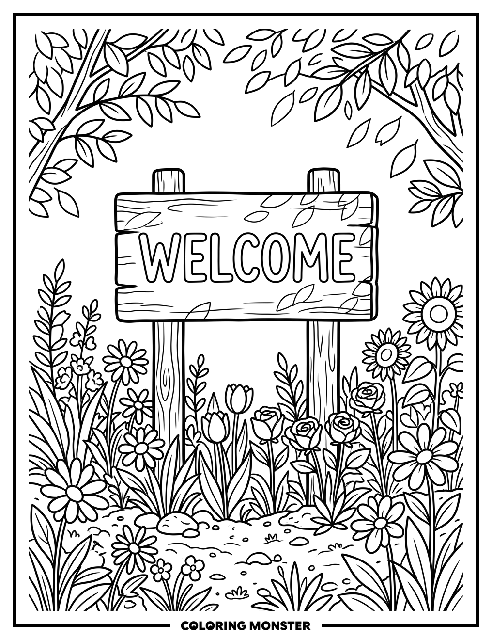 Wooden Welcome Sign With Flowers Coloring Page