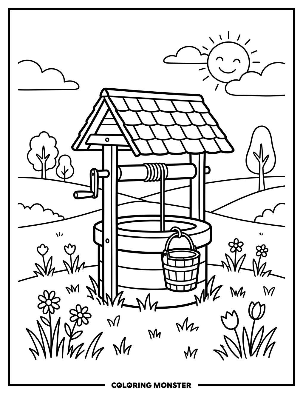 Wooden Well in Sunny Meadow Coloring Page