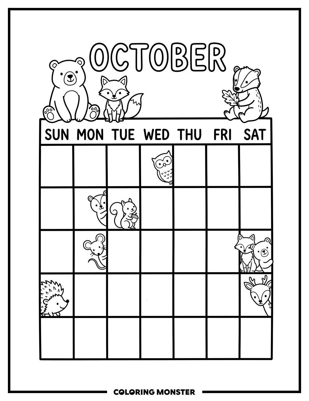 Woodland Animals Monthly Calendar Coloring Page