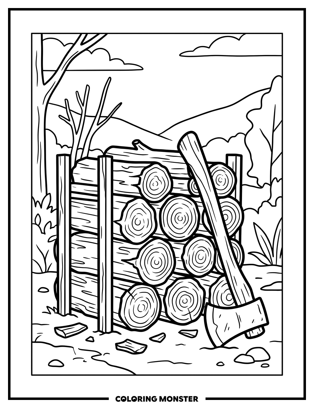 Woodpile and Axe Coloring Page