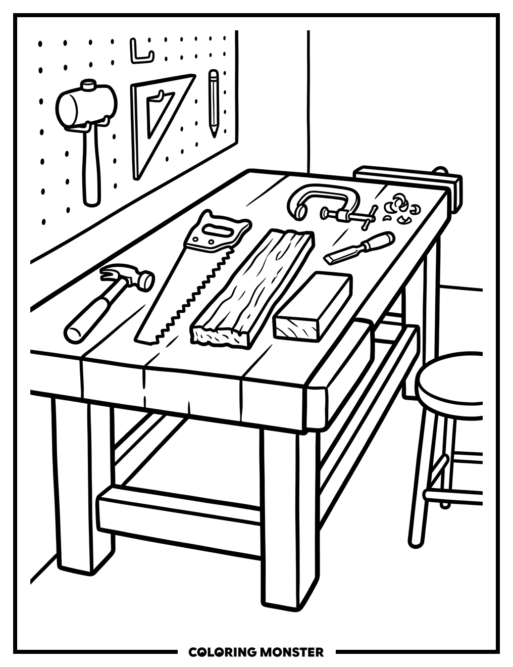 Woodworking Workbench With Tools Coloring Page