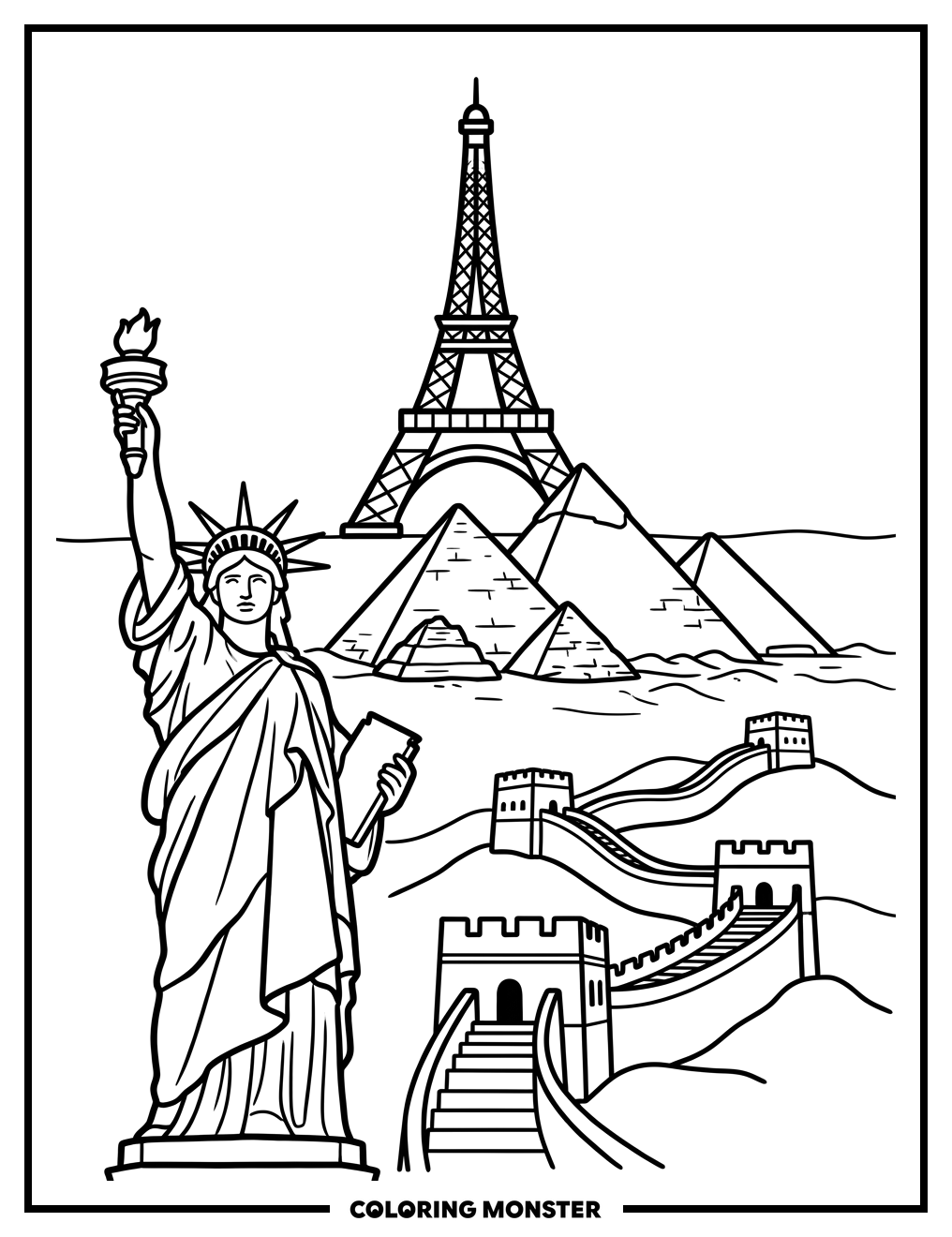 World Landmarks Collage Coloring Page