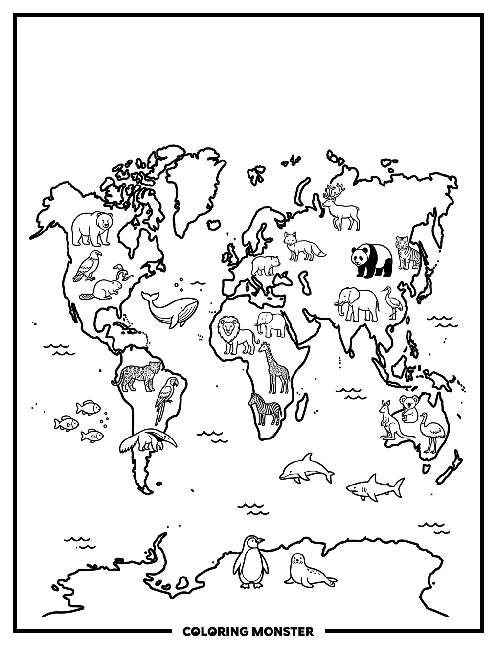 World Map With Animals Coloring Page