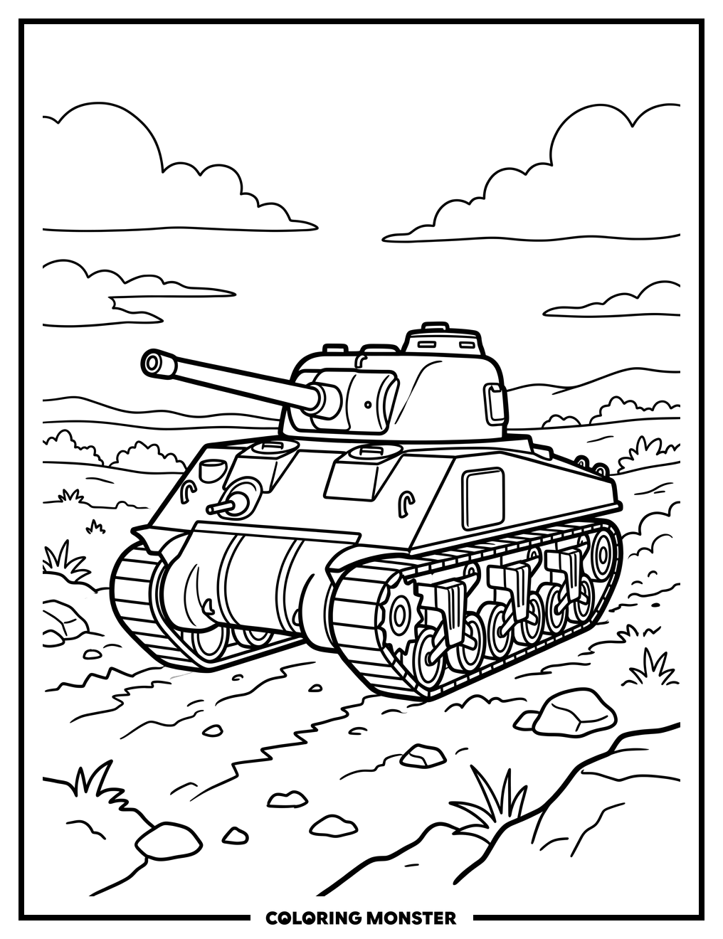 World War II Tank on Battlefield Coloring Page