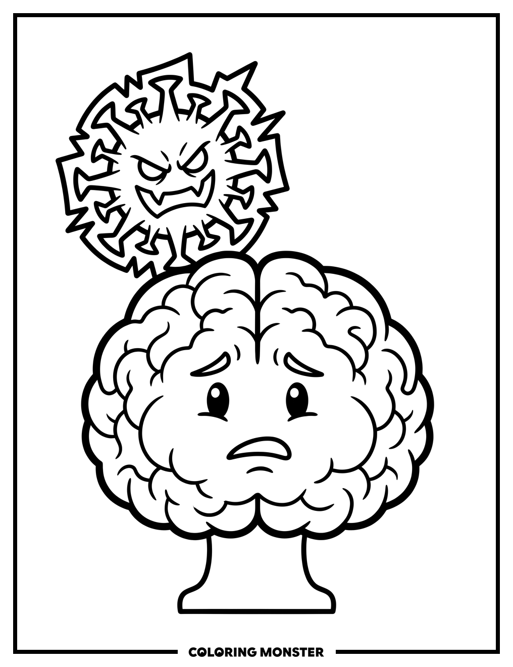 Worried Brain and Computer Virus Coloring Page
