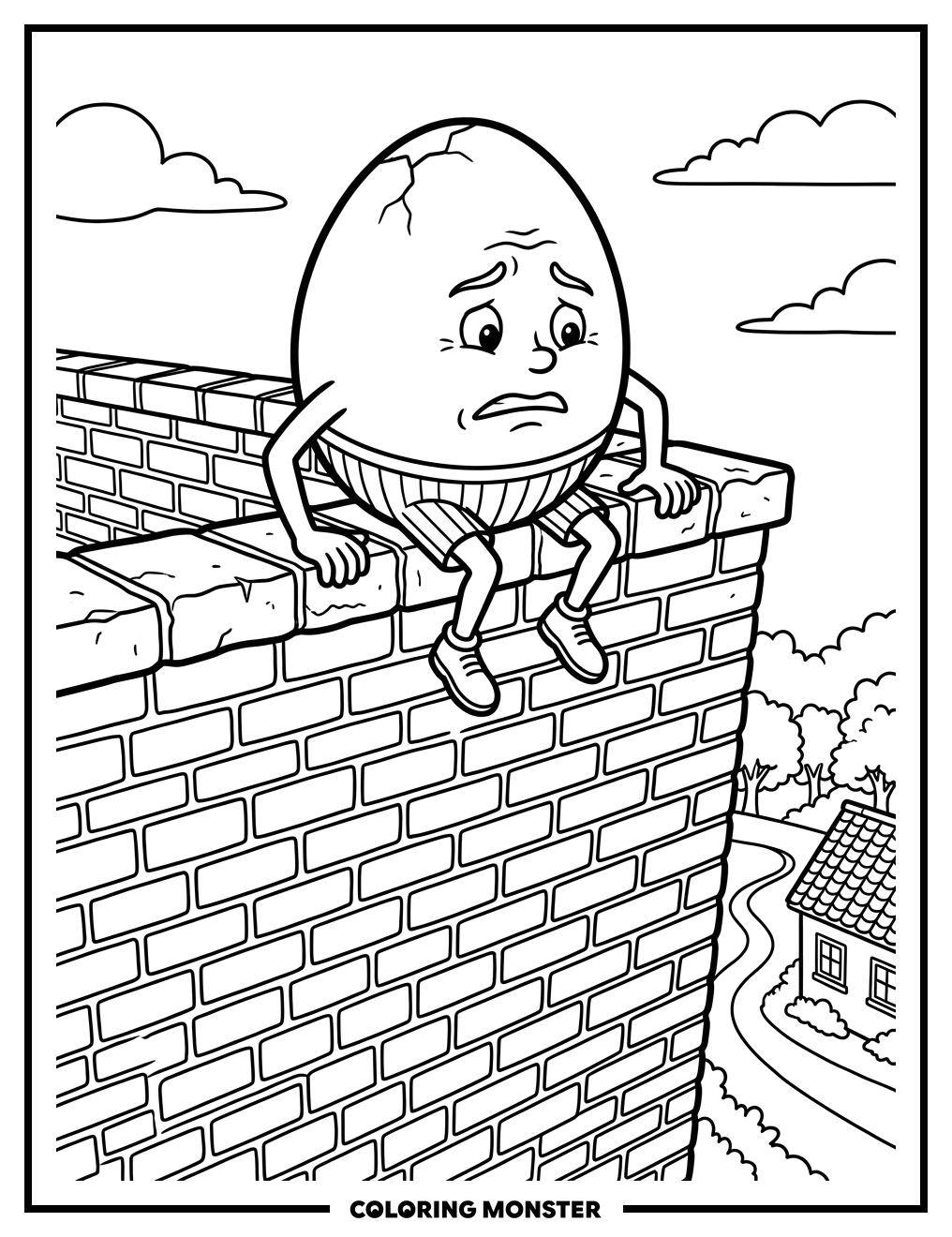 Worried Egg Character on Brick Wall Coloring Page
