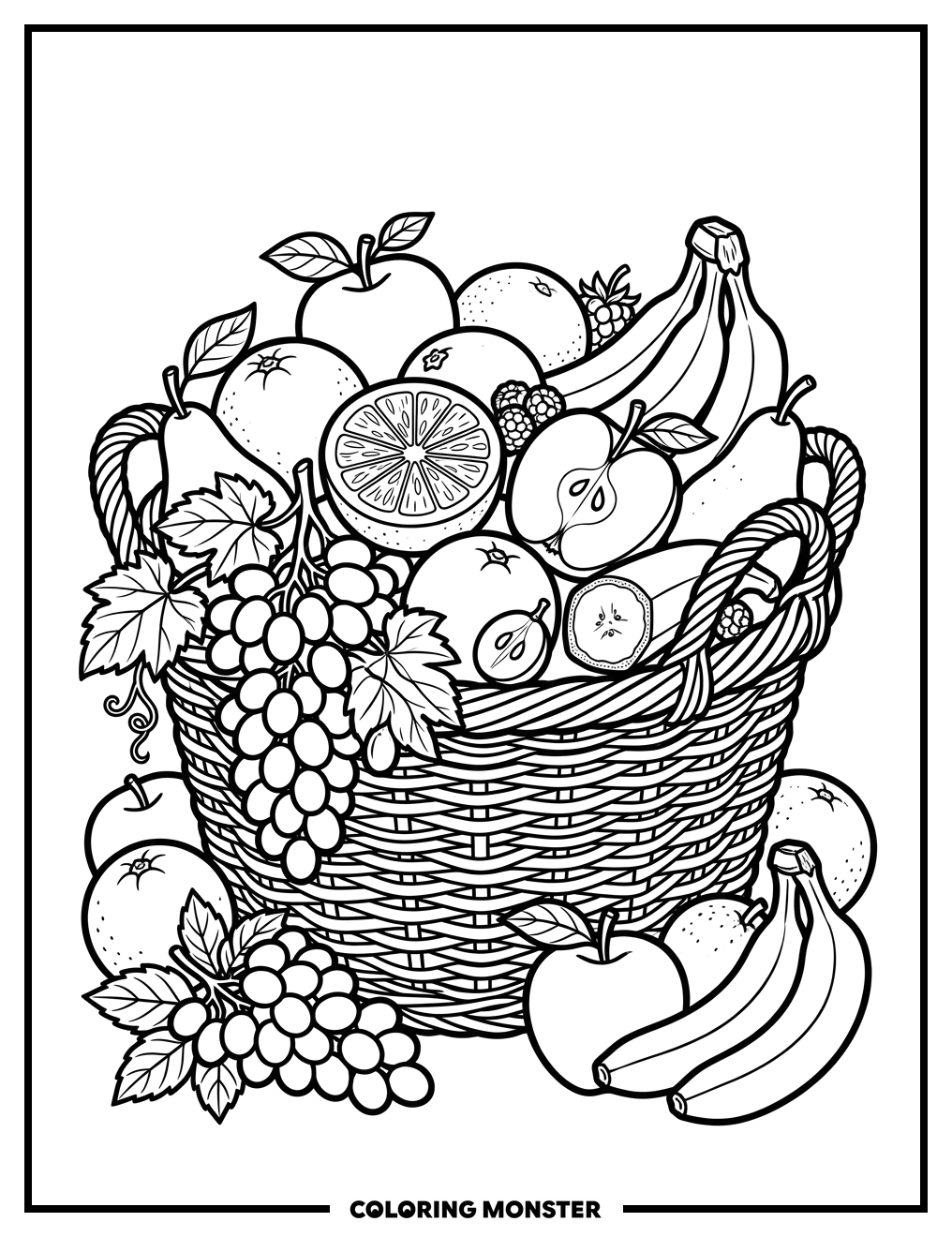 Woven Basket of Fresh Fruit Coloring Page