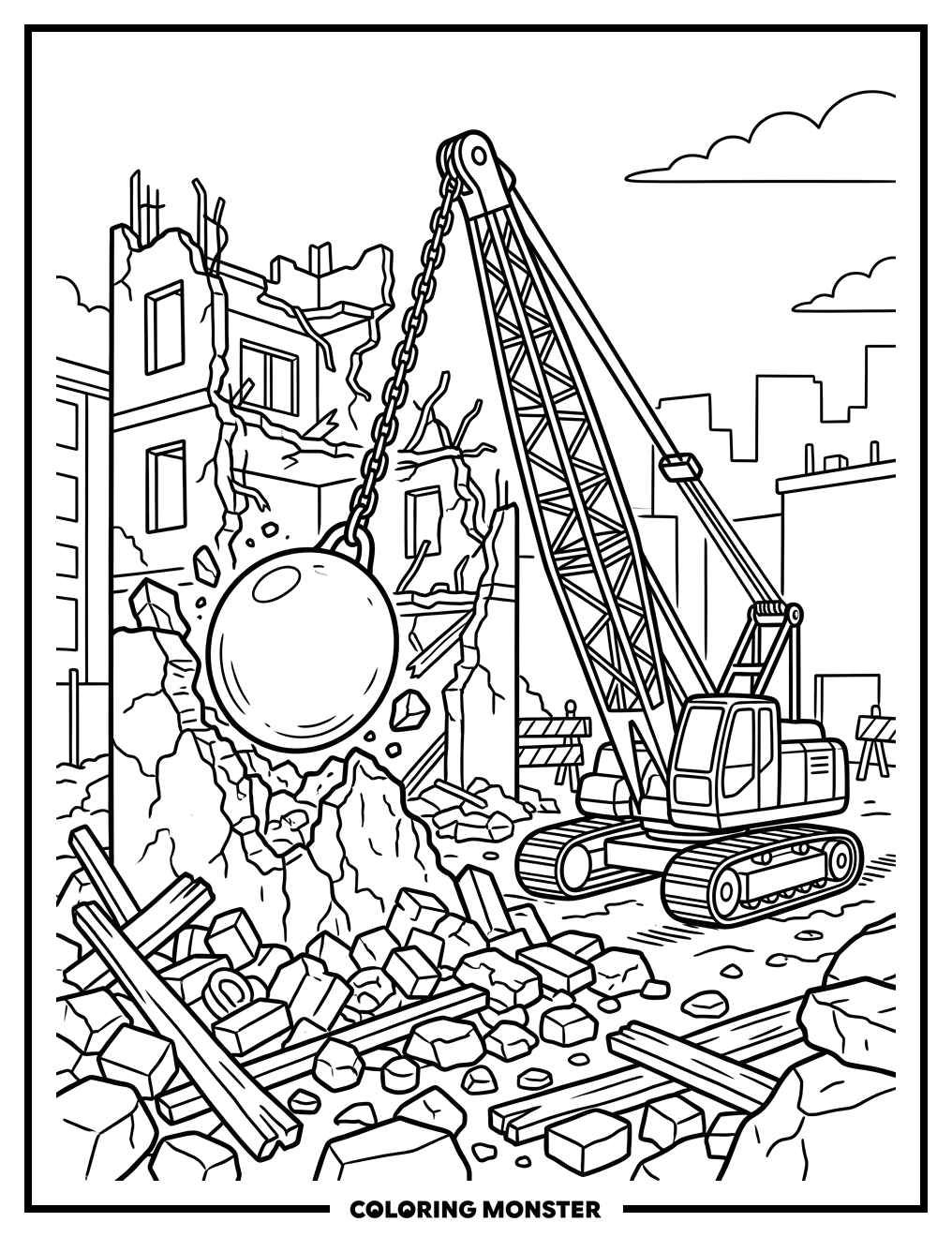 Wrecking Ball at Construction Site Coloring Page