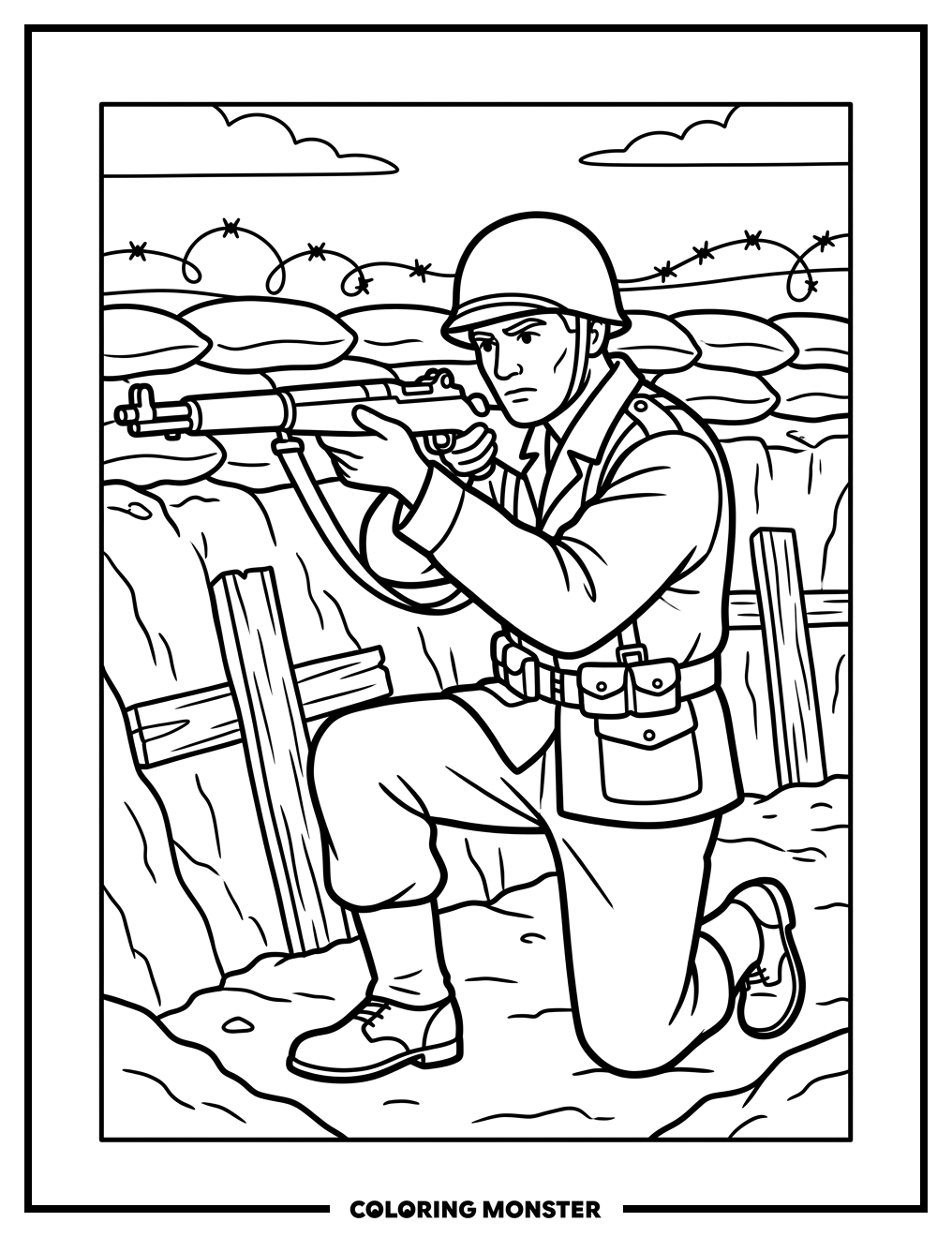 WWII Soldier in Trench Coloring Page