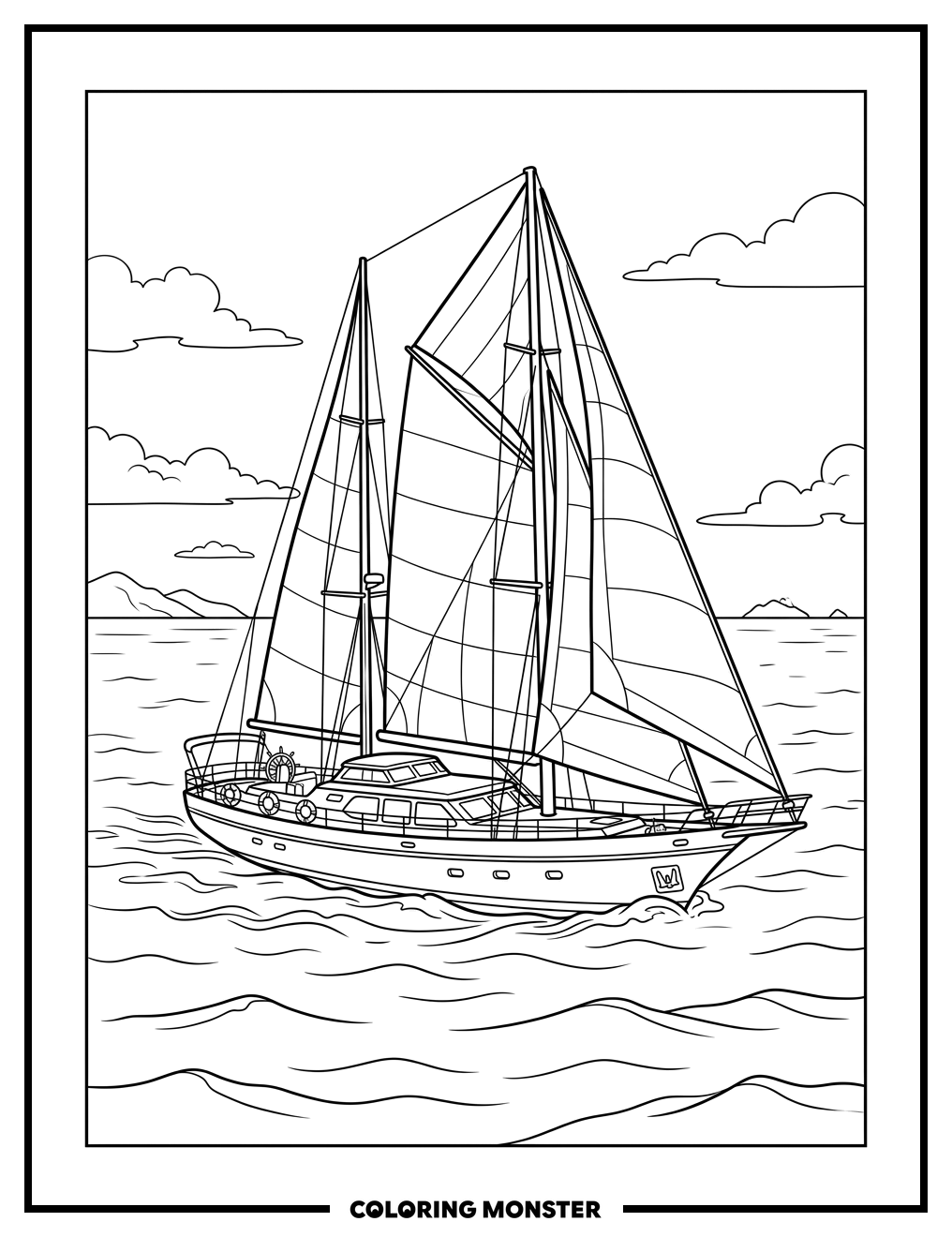 Yacht Sailing on the Blue Sea Coloring Page