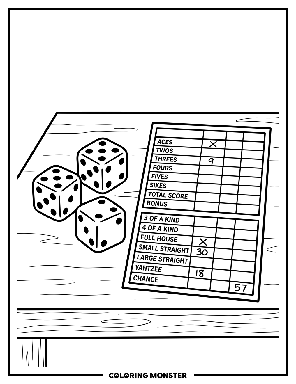 Yahtzee Dice and Scorecard Coloring Page