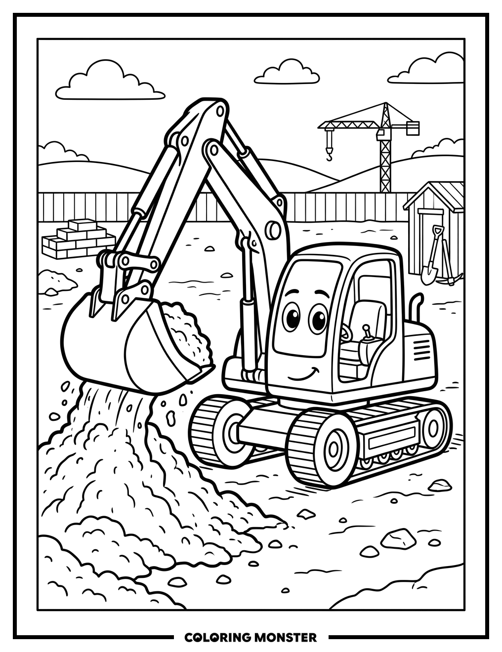 Yellow Digger at Construction Site Coloring Page