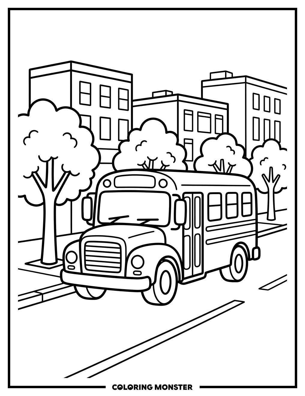 Yellow School Bus on City Street Coloring Page