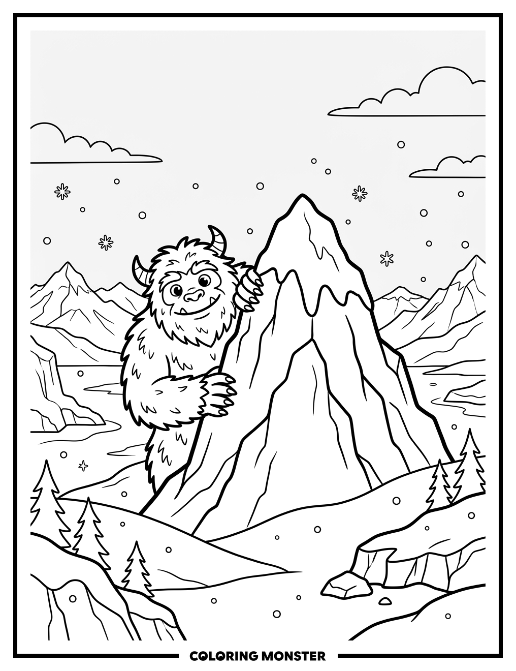 Yeti Peeking From Snowy Mountain Coloring Page