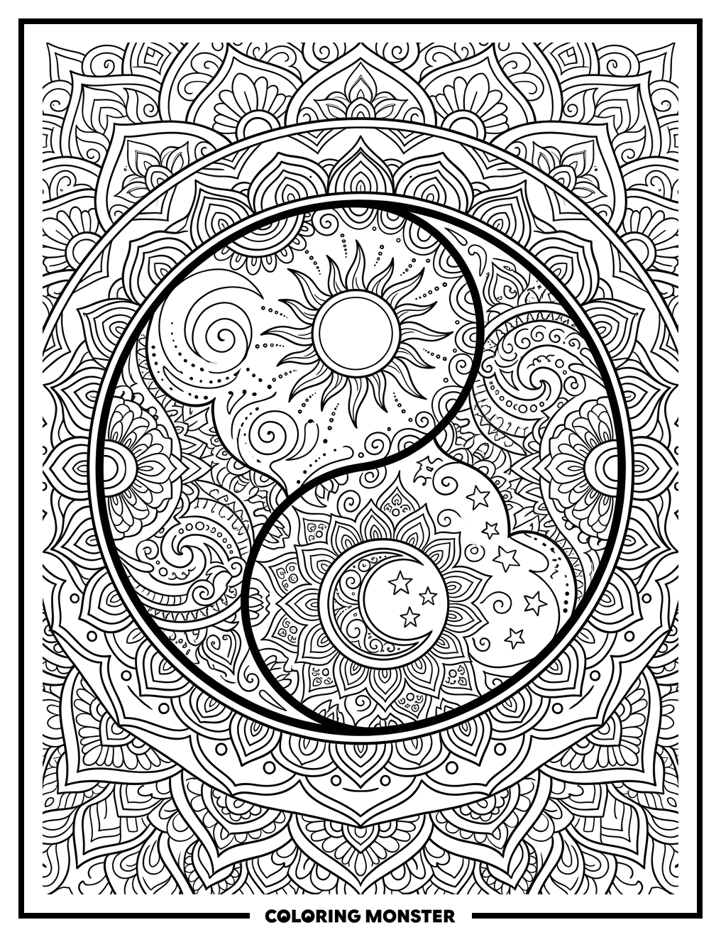 Yin Yang Sun and Moon Mandala Coloring Page