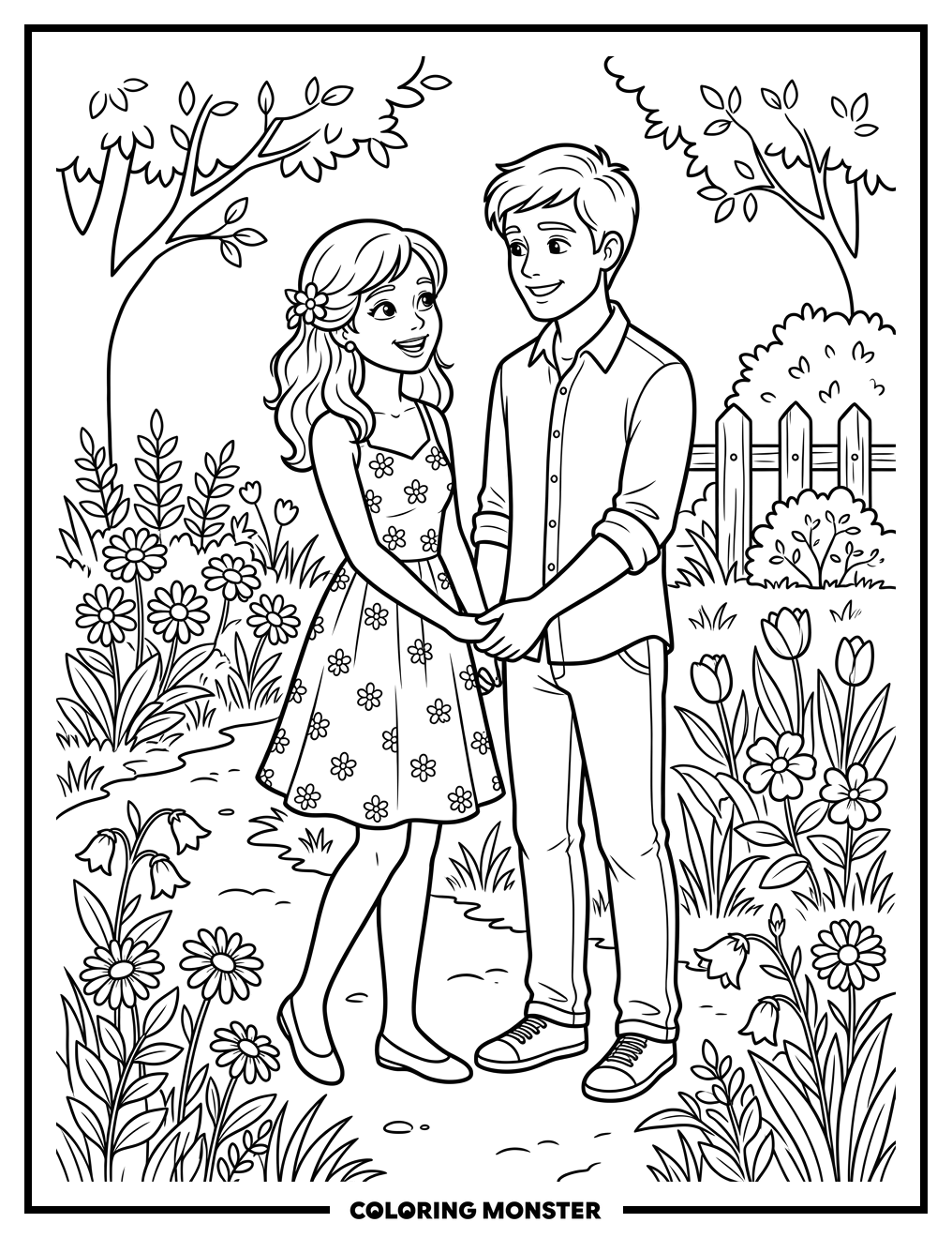 Young Couple Holding Hands Outdoors Coloring Page