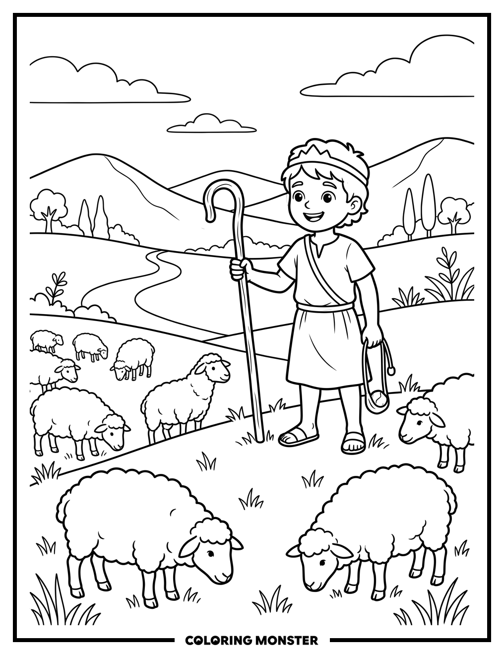 Young David With His Sheep Coloring Page