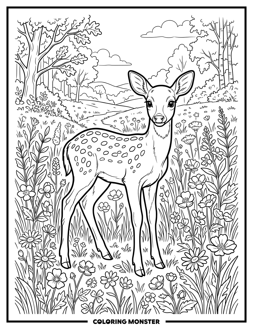 Young Deer Fawn in Sunny Meadow Coloring Page