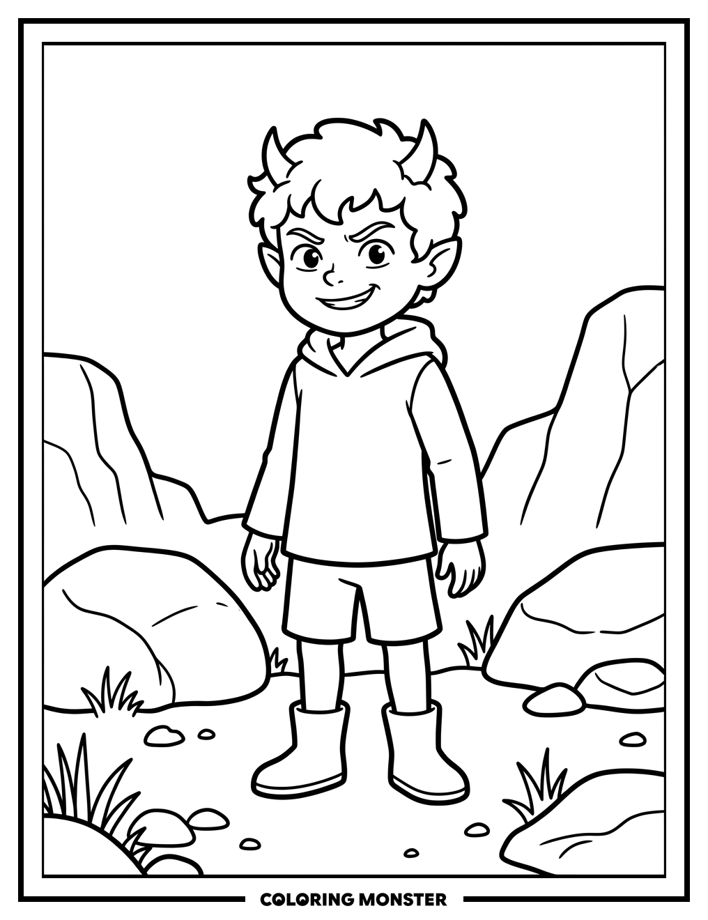 Young Demon Boy in Rocky Landscape Coloring Page
