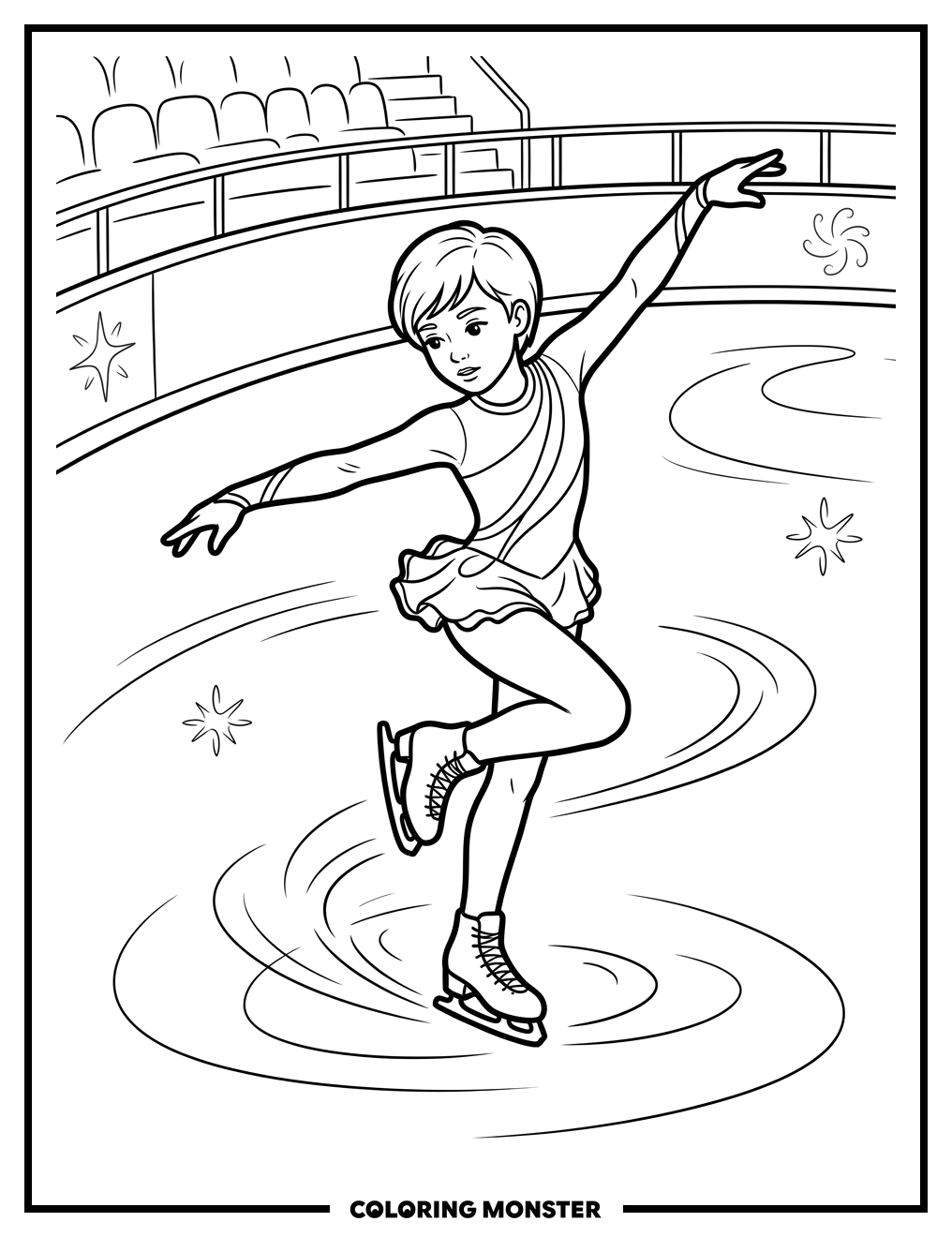 Young Figure Skater Mid-Spin Coloring Page
