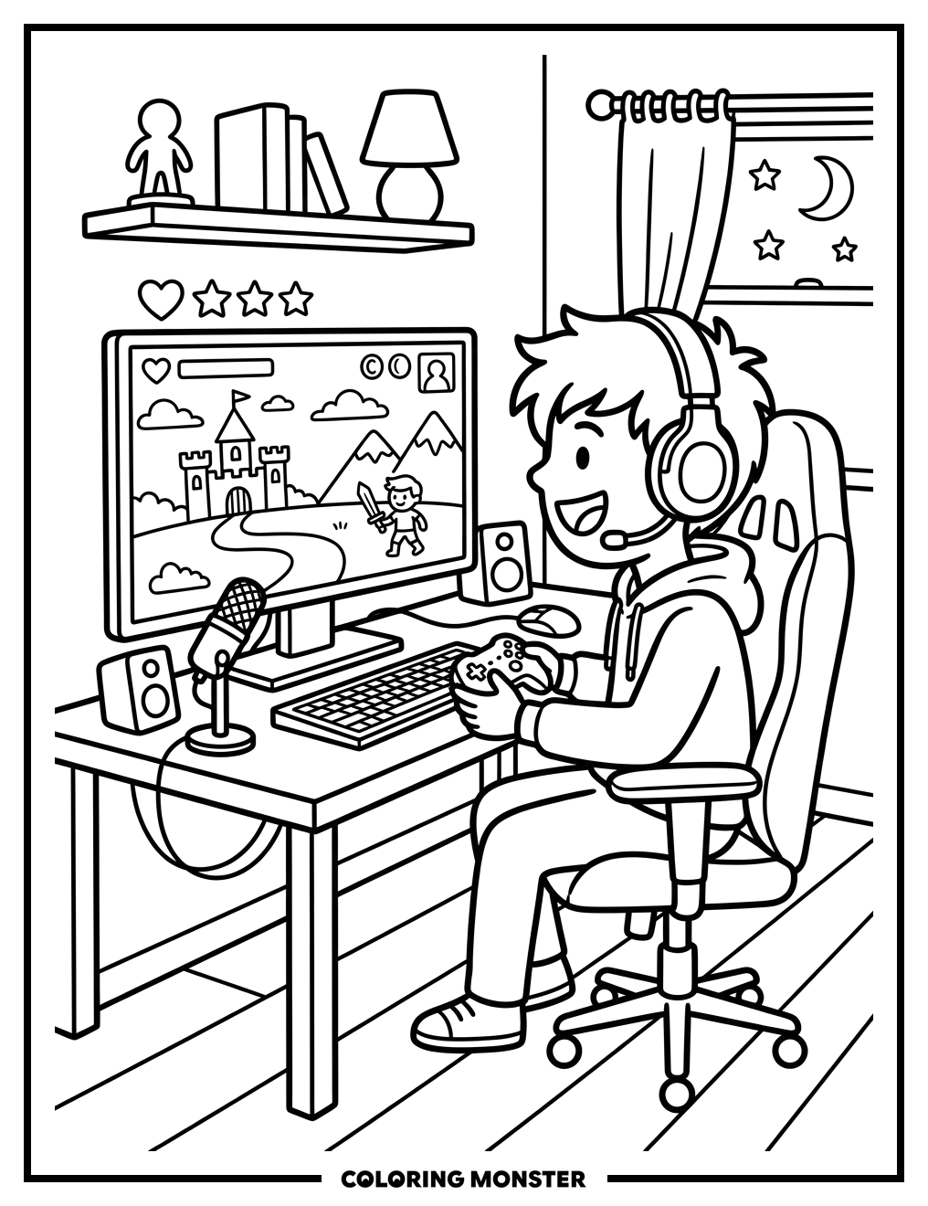Young Gamer at Desk Coloring Page