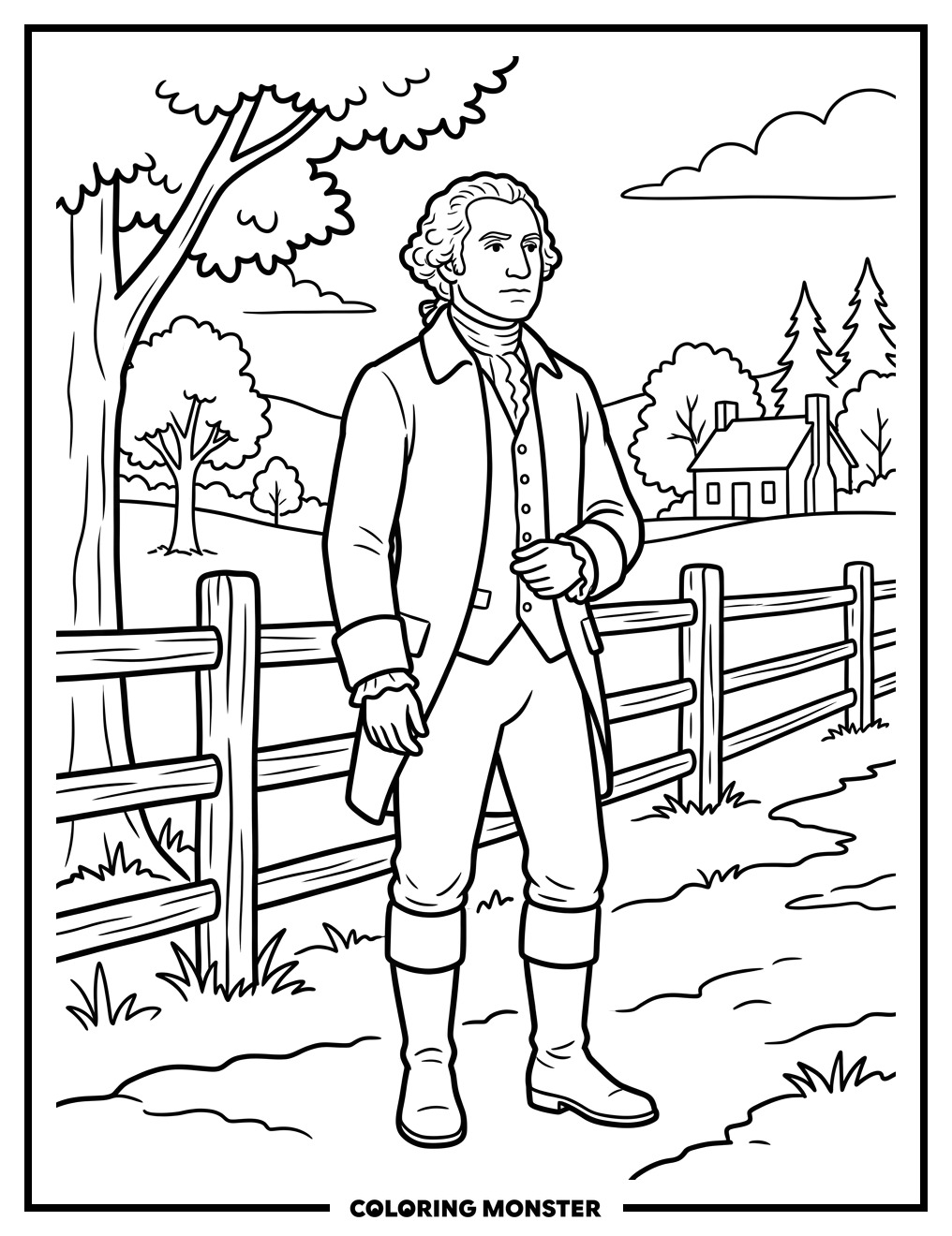 Young George Washington Standing Thoughtful Coloring Page