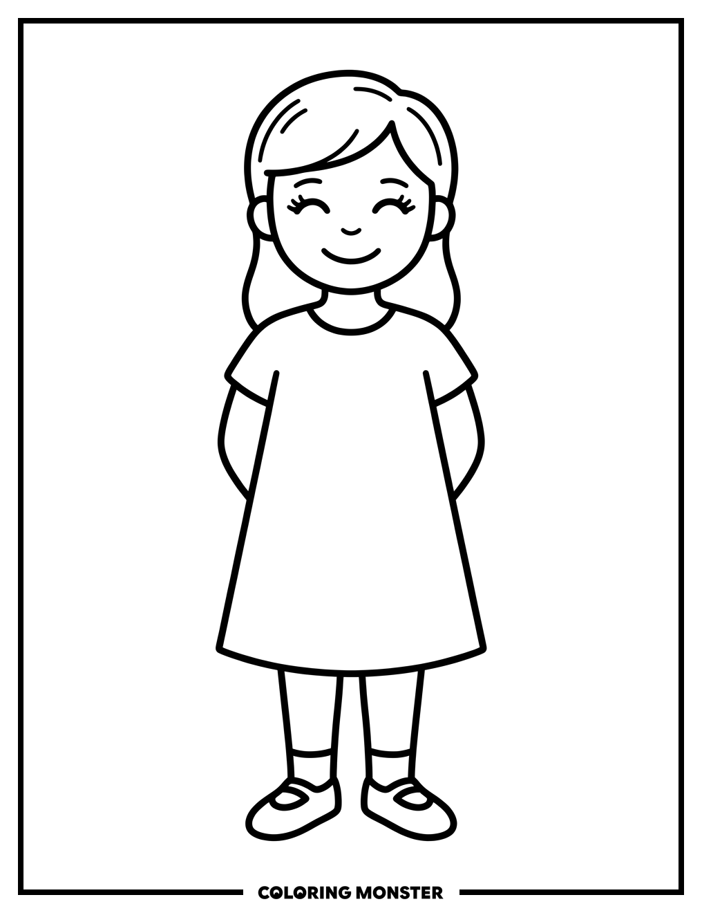 Young Girl Standing Smiling Coloring Page