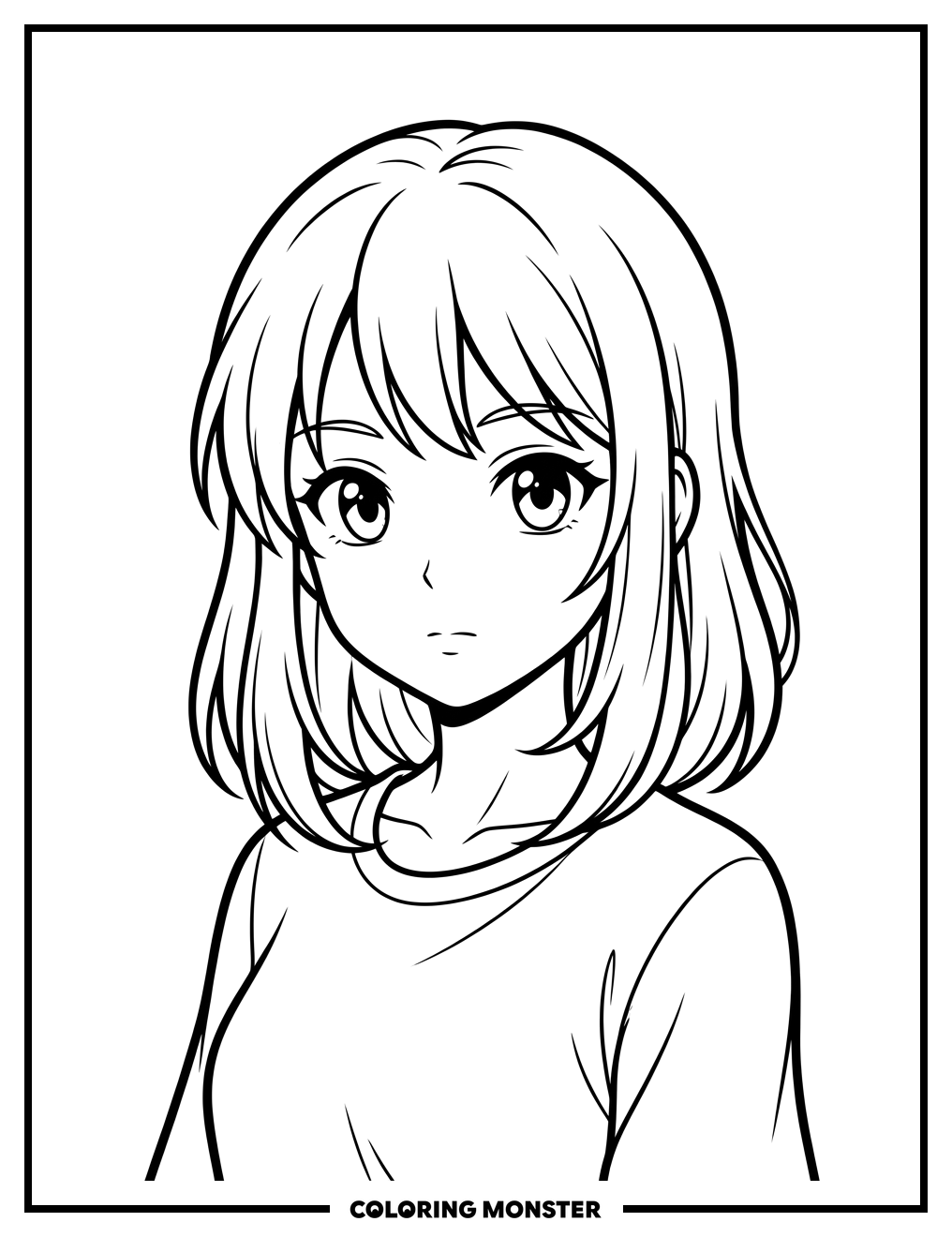 Young Girl with Expressive Anime Eyes Coloring Page