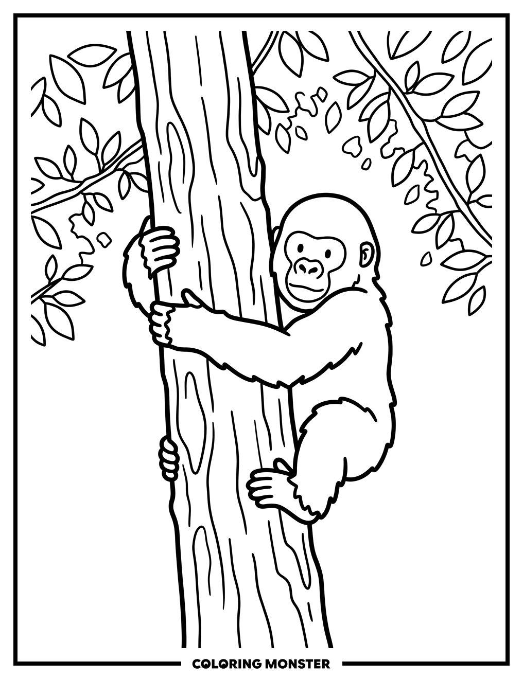Young Gorilla on Tree Trunk Coloring Page