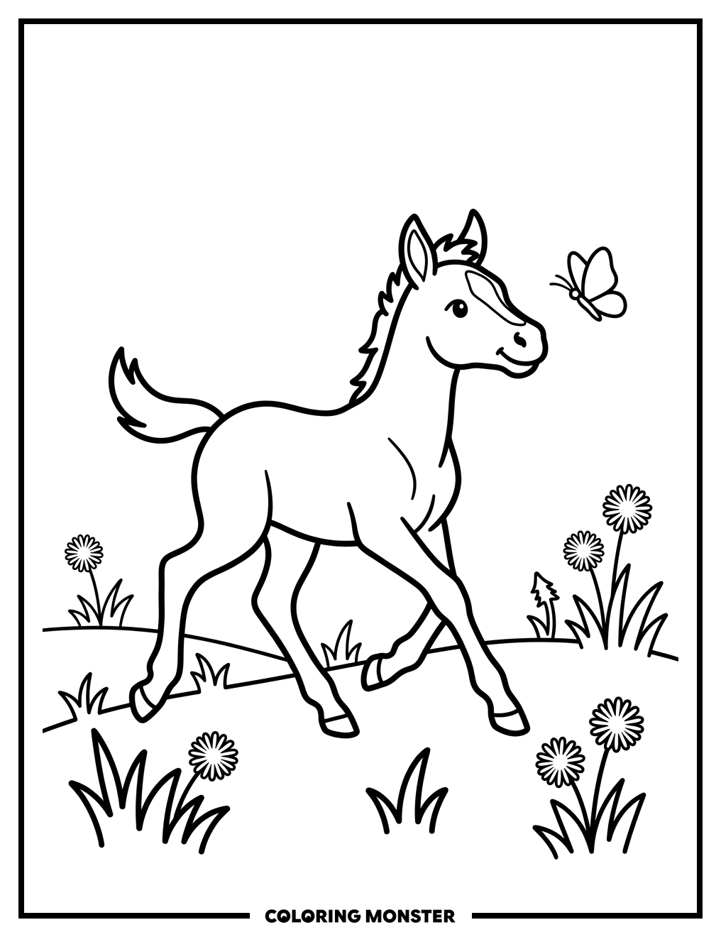Young Horse Chasing Butterfly Coloring Page