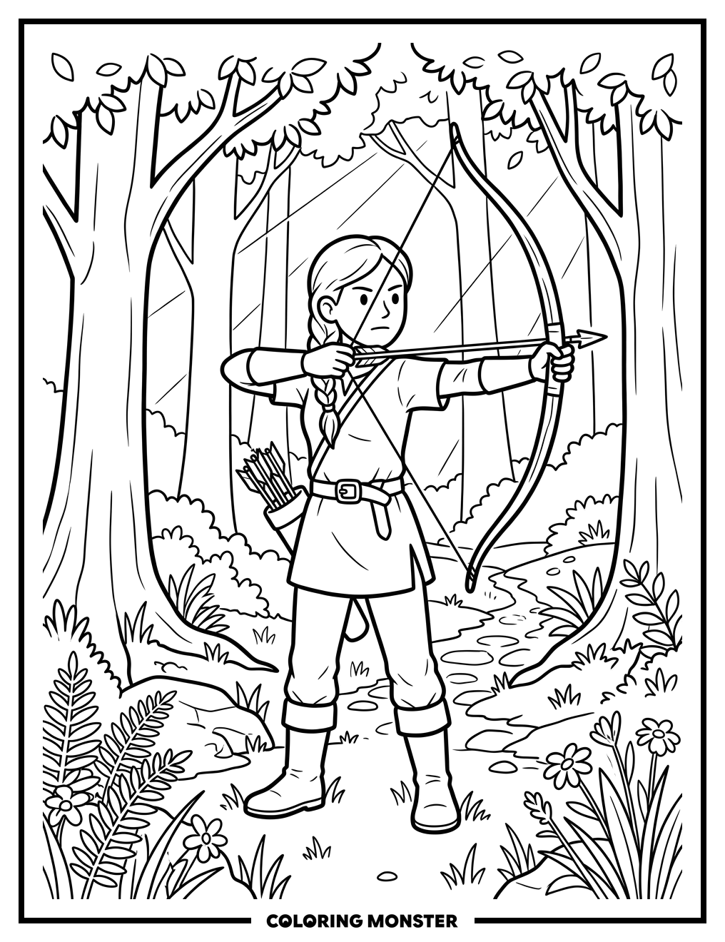 Young Huntress with Bow in Forest Coloring Page