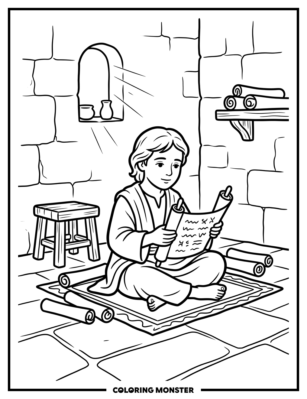 Young Jesus Reading Scrolls Coloring Page