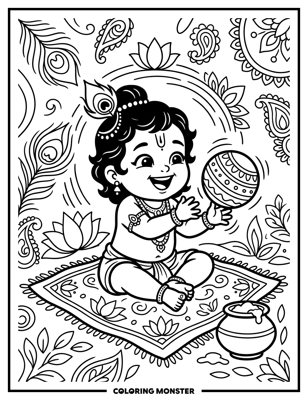 Young Krishna Plays With Ball Coloring Page